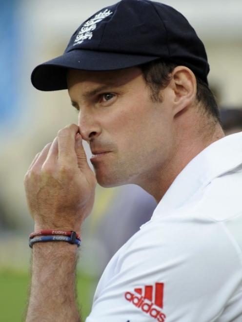 England captain Andrew Strauss waits for the prize presentation ceremony after Pakistan won the...