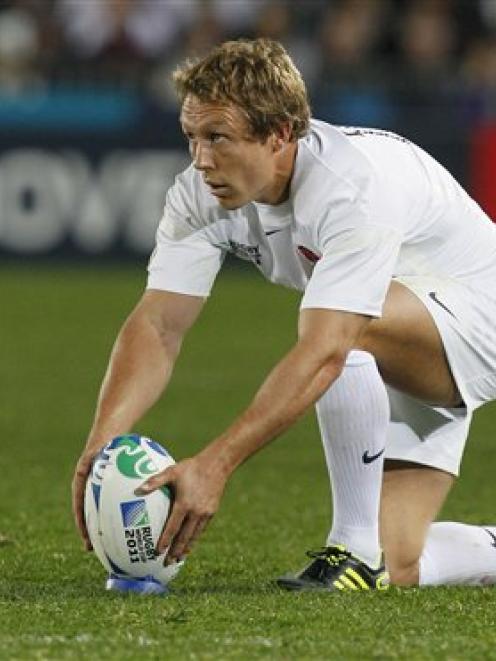 England's Jonny Wilkinson places the ball ahead of a penalty attempt during their Rugby World Cup...