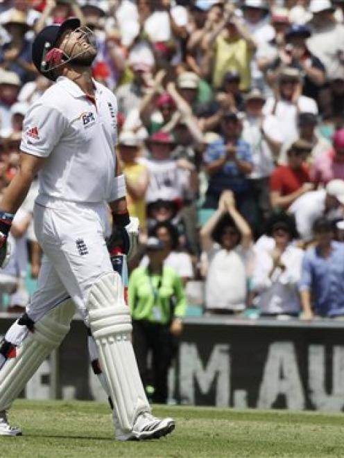 England's Matt Prior looks skywards after he was dismissed during the fourth day of the fifth and...