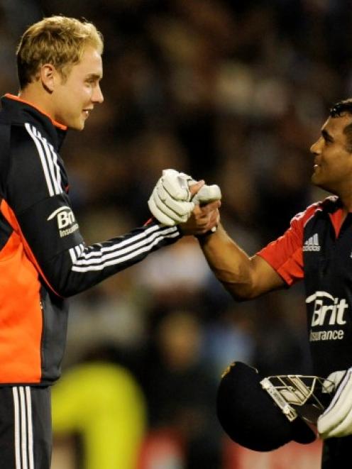 England's Samit Patel (R) celebrates with captain Stuart Broad after England won their Twenty20...