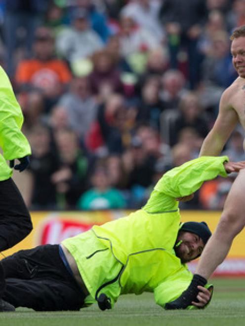 Ephraim James McIntyre stripped and ran onto the field during the New Zealand v Sri Lanka game at...