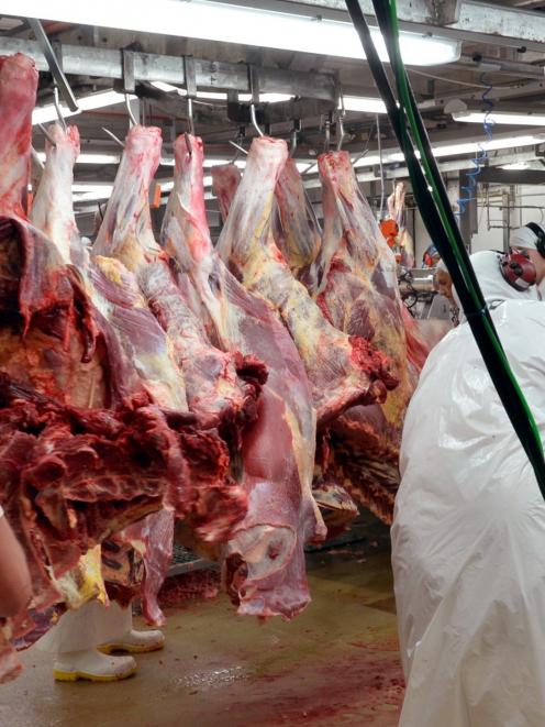 Export returns for meat improved in the December quarter. Pictured: beef carcasses are processed...