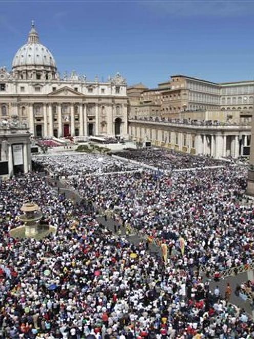 Faithful crowd St. Peter's Square at the Vatican in Rome on for the batification of Pope John...