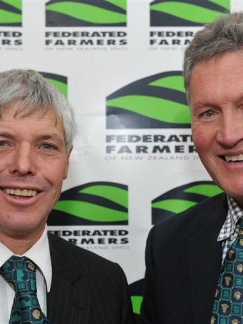 Federated Farmers Otago's new president Phill Hunt (left), from Maungawera, with outgoing...
