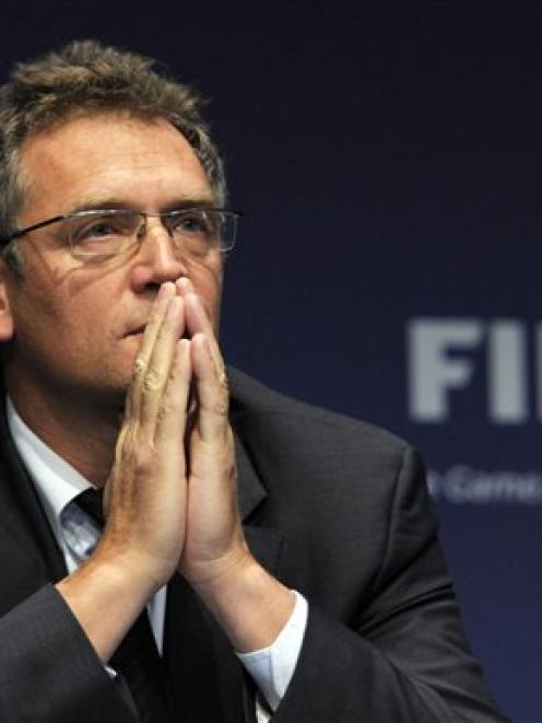 FIFA secretary general Jerome Valcke listens to questions during a press conference in Zurich as...