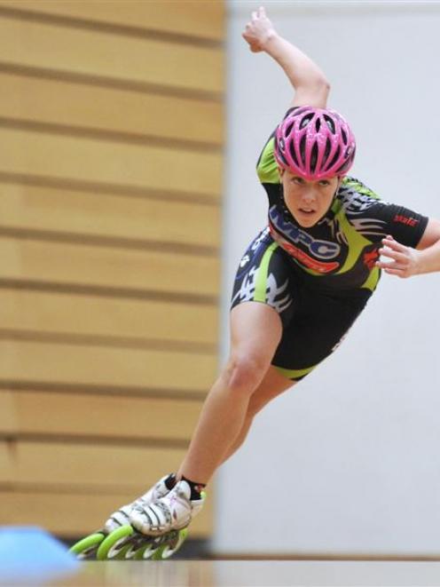 Former inline speed skating world champion Nicole Begg tears around a circuit at the Edgar Centre...