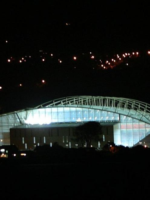 Forsyth Barr Stadium lit up at night. Photo by ODT.