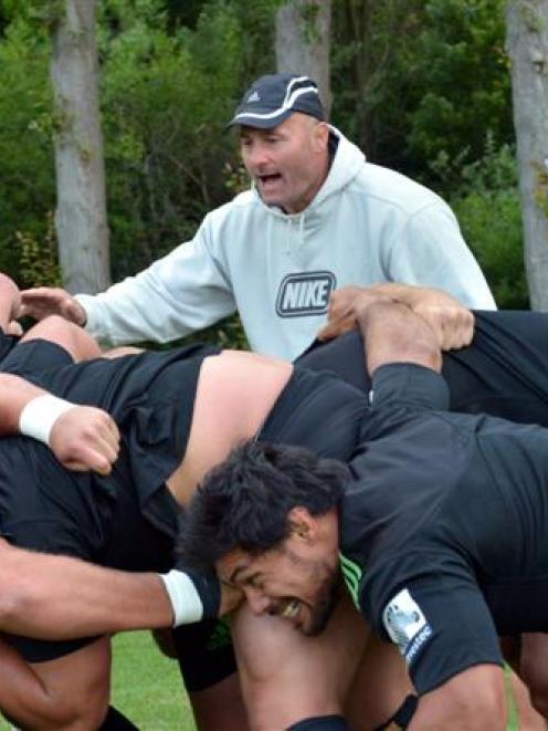 French scrum coach Marc Dal Maso instructs the Highlanders at Logan Park earlier this year. Lock...