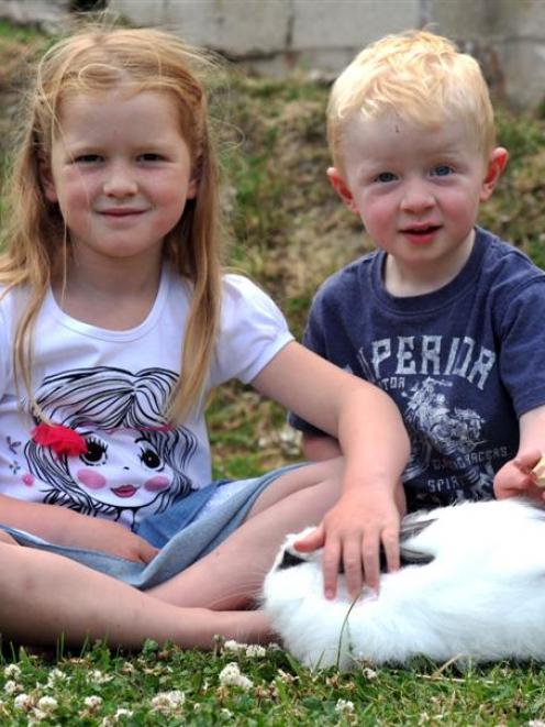 Freya (5) and James (2) Glover play with their 6-month-old rabbit Bunny Little in Dunedin...