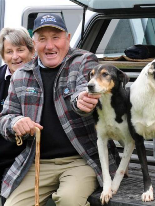 Geoff and Joyce Allison, with dogs Fay and Nell, at the South Island sheep dog trial...