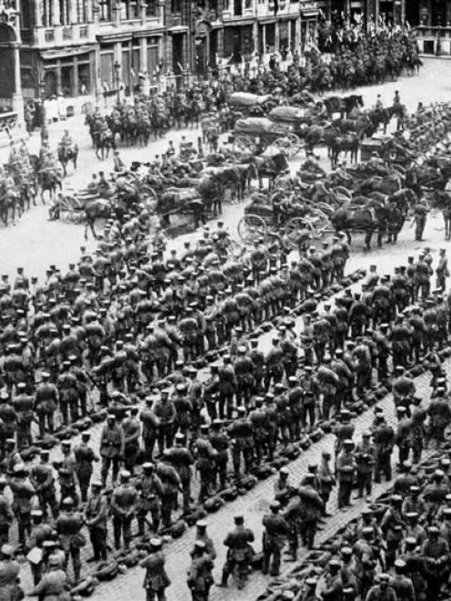 German occupation of the Belgian capital: Troops drawn up in the Grande Place at Brussels. -...