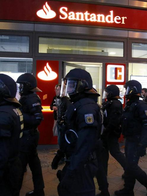 German riot police officers during May Day events in Berlin. REUTERS/Pawel Kopczynski