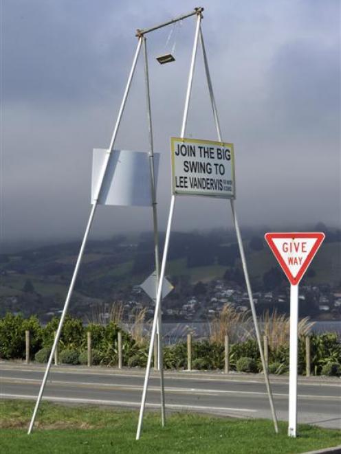 Giant swings promoting Lee Vandervis have appeared at eight locations around Dunedin. Photo by...