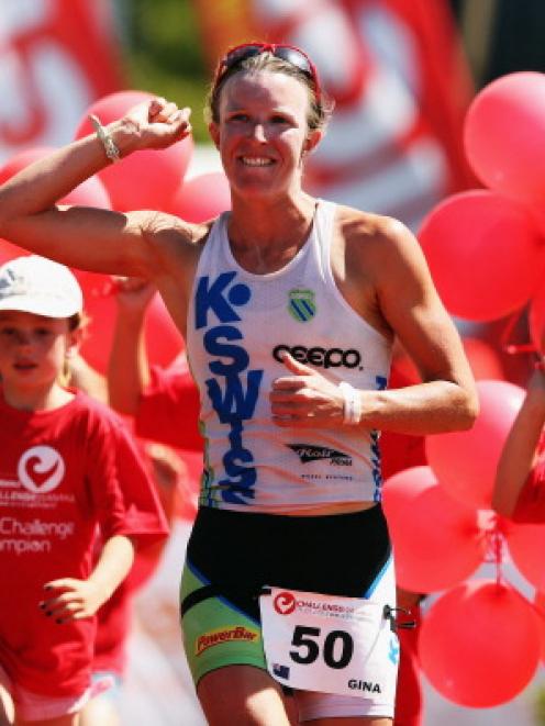 Gina Crawford celebrates her victory in Challenge Wanaka today. (Photo by Hannah Johnston/Getty...