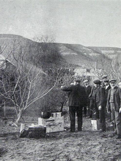 Government instructor Simms demonstrates fruit spraying at Clyde. - Otago Witness, 28.9.1910.