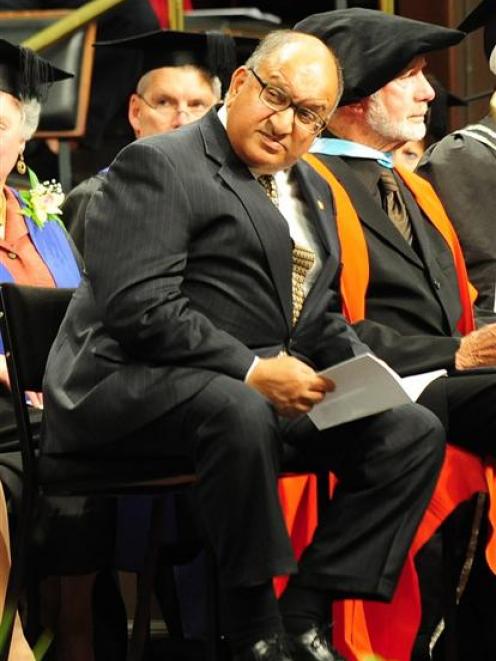 Governor-General Anand Satyanand sits on stage at the University of Otago graduation ceremony at...
