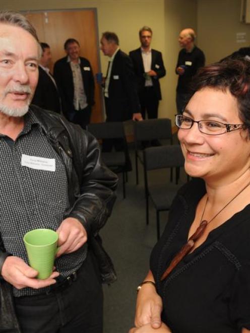 Green Party co-leader Metiria Turei chats with Otago Chamber of Commerce member Tony Williams....