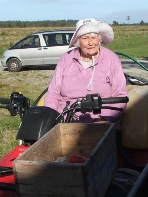 Haast identity Betty Eggeling with her trusty weed spraying kit. Photo supplied.