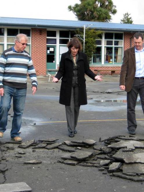 Halswell School principal Bruce Topham, left, with Education Minister Anne Tolley, and school...