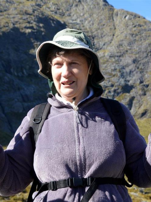 Helen Clark on the Harris Saddle, on the Routeburn Track, to inspect predator traplines yesterday...