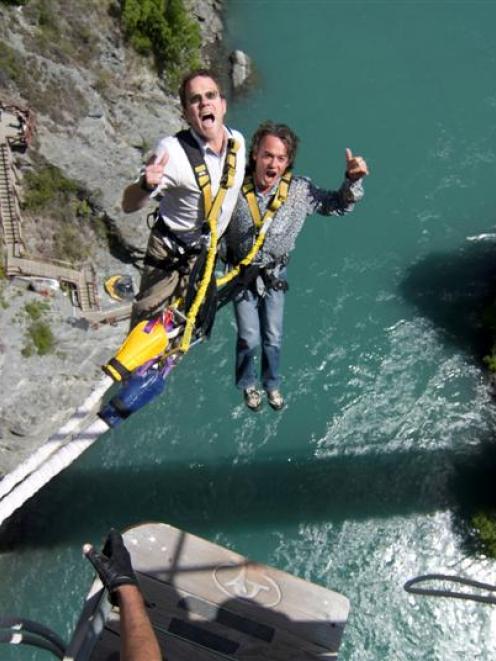 Henry van Asch and AJ Hackett tandem-jump off the Kawarau Bridge in 2008.