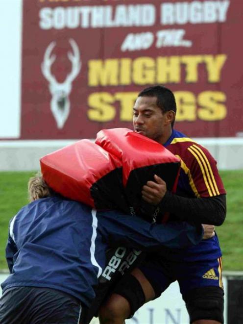 Highlanders flanker Alando Soakai holds a tackle bag at Rugby Park in Invercargill yesterday....