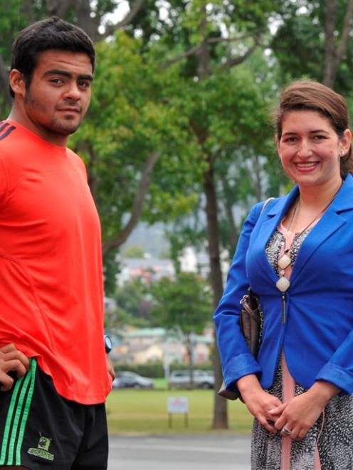 Highlanders prop Matias Diaz talks with his interpreter, Lina Lastra, outside Forsyth Barr...