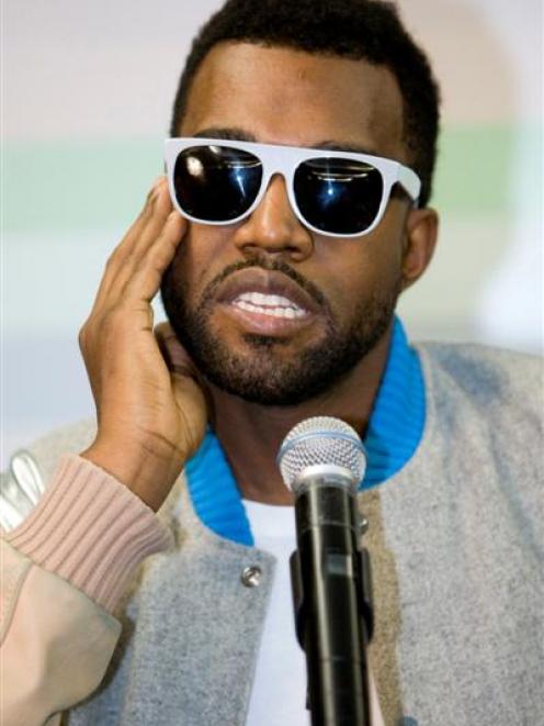 Hip-hop music artist Kanye West speaking at a media conference prior to his New Zealand concerts,...