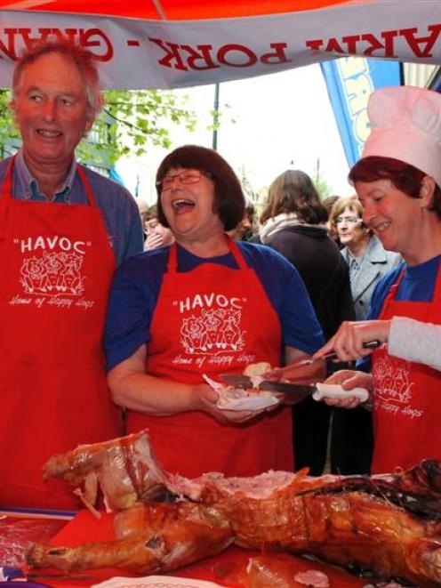 Ian and Linda McCallum-Jackson, with Claire Dickie (right) at the opening of the Havoc Farm Pork...