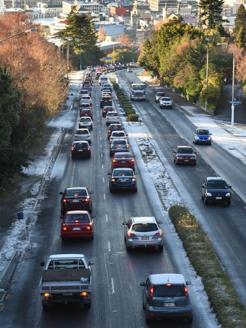 Traffic backed up in Stuart St, Dunedin, yesterday morning after a heavy frost. PHOTO: PETER...