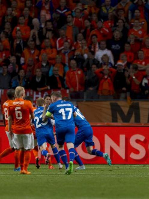 Iceland players celebrate their goal during their 1-0 win over the Netherlands. Photo: Reuters.