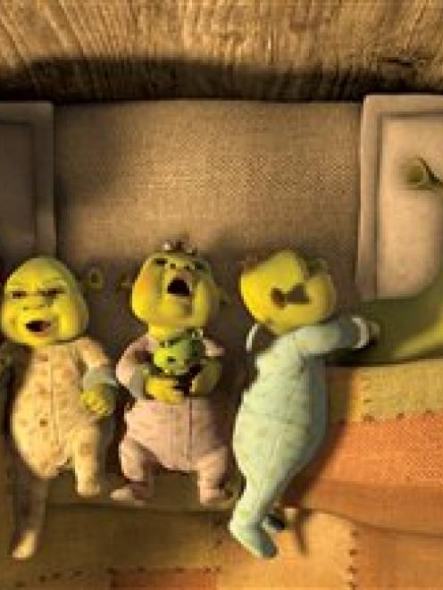 In this film publicity image released by Paramount Pictures, Fiona, voiced by Cameron Diaz, left,...