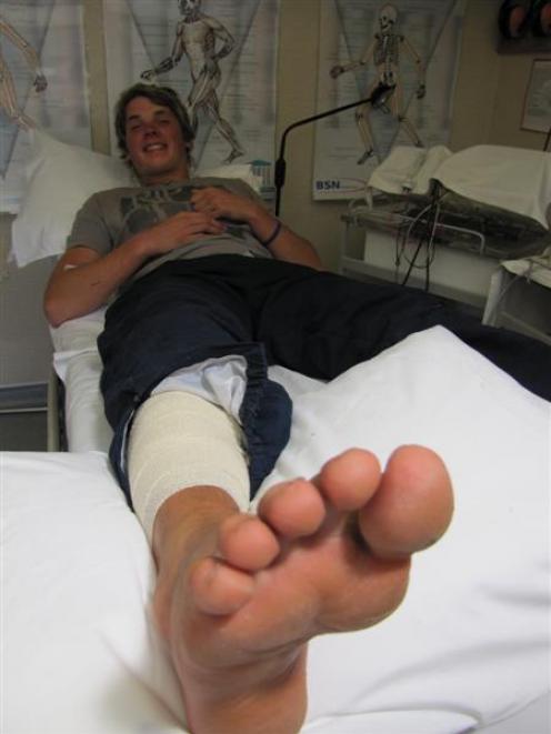 Injured German tramper Felix Ferkau at the Wanaka Medical Centre yesterday. Photo by Marjorie Cook.