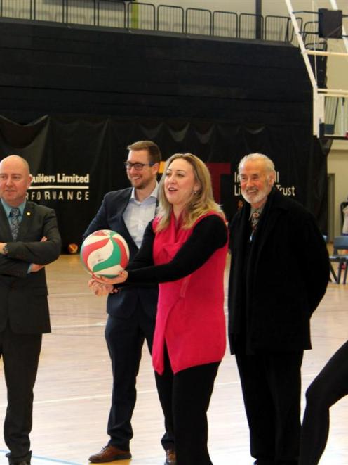 Invercargill MP Sarah Dowie tries her hand at volleyball during  the launch of the city's Healthy...