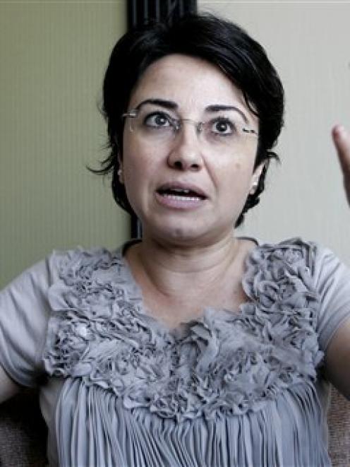 Israeli-Arab Knesset member Hanin Zoabi gestures as she talks to the media in Amman, Jordan,...