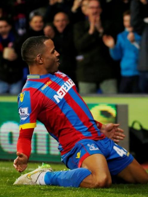 Jason Puncheon celebrates after scoring the second goal for Crystal Palace against Manchester...