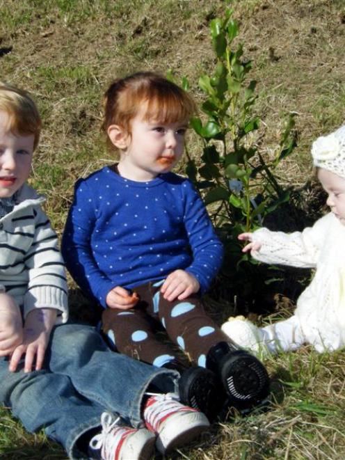 Jaxon Shanks (2), Addie Cope (2) and Bayleigh Shanks (8 months) look at the tree that was planted...
