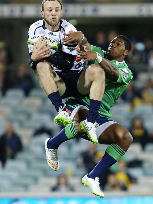 Jesse Mogg of the Brumbies controls a high ball during the round 11 Super Rugby match between the...