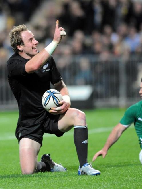 Jimmy Cowan celebrates a try against Ireland at Yarrow Stadium, New Plymouth. Credit:NZPA / Ross...