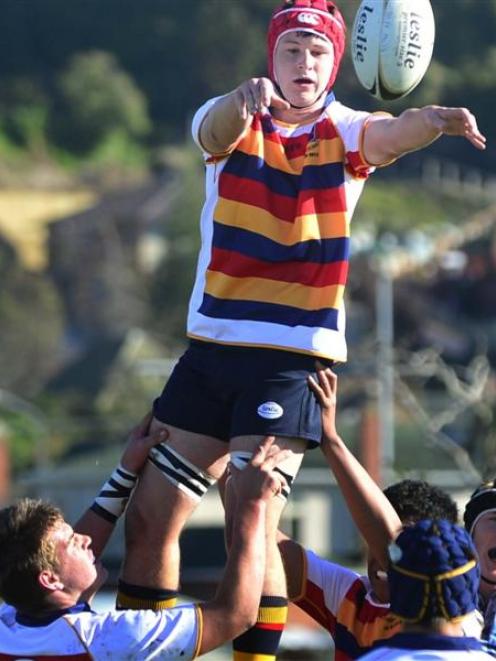 John McGlashan College lock Simon Clarke wins good ball in a lineout during the Highlanders First...