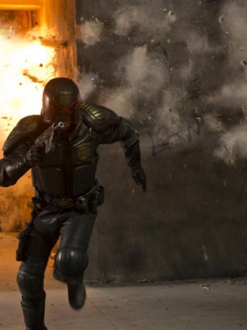 Judge Dredd (Karl Urban) in  head-to-toe leather.