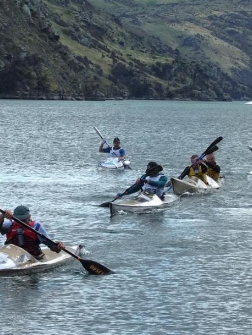 Kayakers finish the first leg of the race, from Alexandra to the Roxburgh dam. Photo by Lynda van...