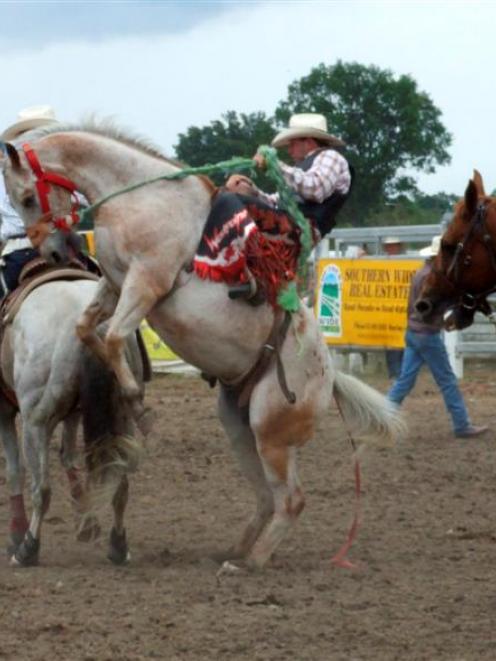 Kerry LaValley, from Canada, rides Ringo in the open saddle bronc event at the Waimate rodeo...