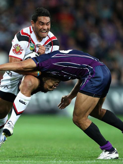 Konrad Hurrell of the Warriors is tackled during the round seven NRL match between the Melbourne...