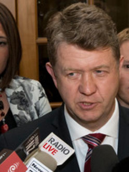 Labour leader David Cunliffe, with his new whips, Carmel Sepuloni and Chris Hipkins, during his...