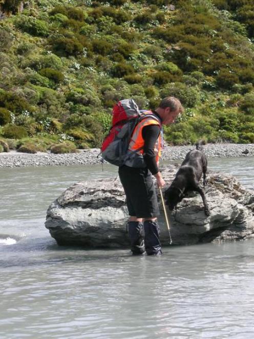 LandSAR volunteer Brent MacDonald, of Arrowtown, with his avalanche tracking dog, black Labrador...