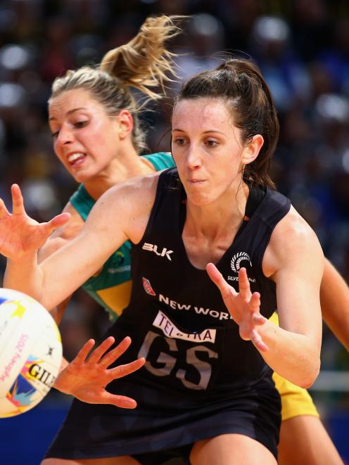 Laura Geitz Of Australia and Bailey Mes of New Zealand compete for the ball during the 2015...