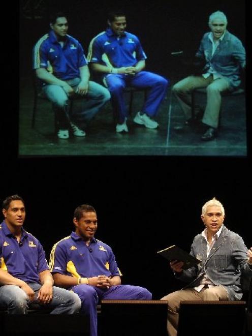 Super 14 Highlanders players (from left) Steven Setephano and Alando Soakai are interviewed by...