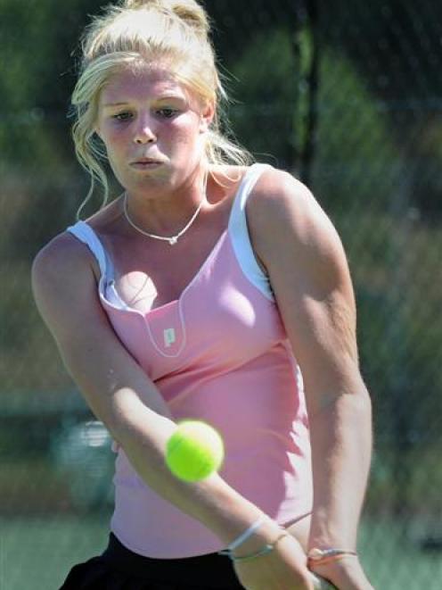 Leela Beattie, of Darfield, plays Louise Oxnevad, of Queenstown, during the Otago Open at Logan...