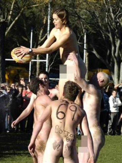 Lineout action at the seventh annual nude rugby international, at Logan Park, Dunedin, on...